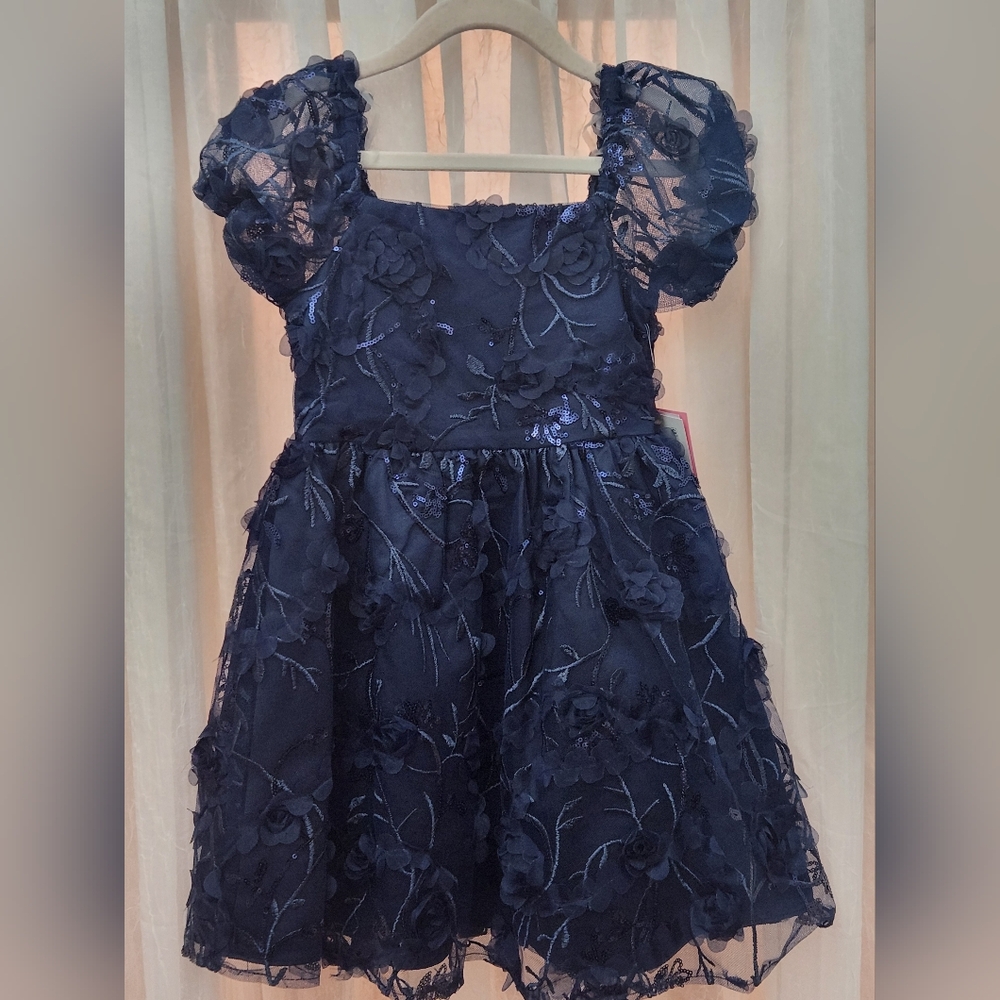 Rare Editions Navy Floral Sequin Party Dress w/Bubble Short Sleeves, S 5, NWT - Picture 2 of 5
